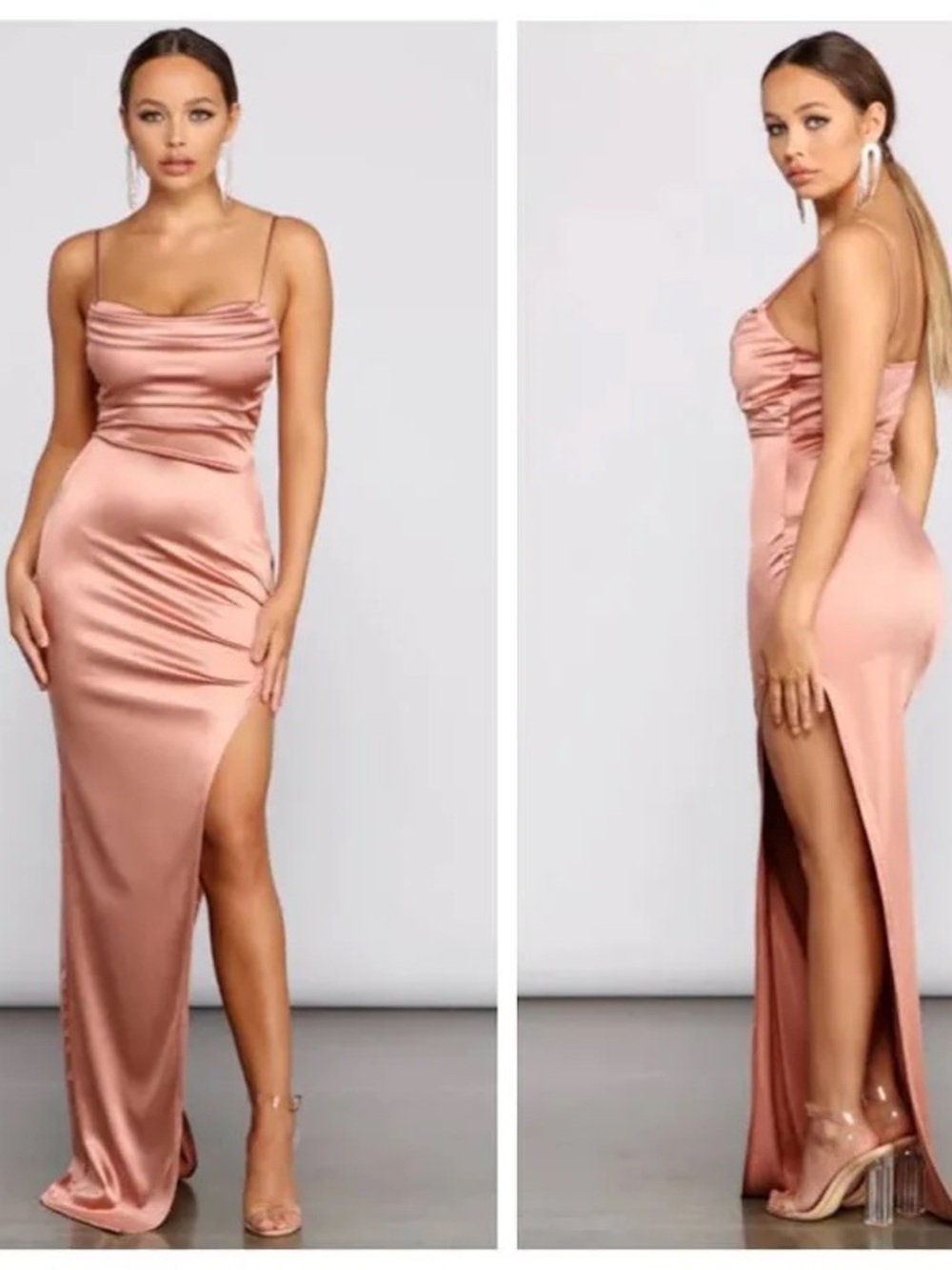 Windsor Rose Gold Satin Cowl Neck Maxi Dress